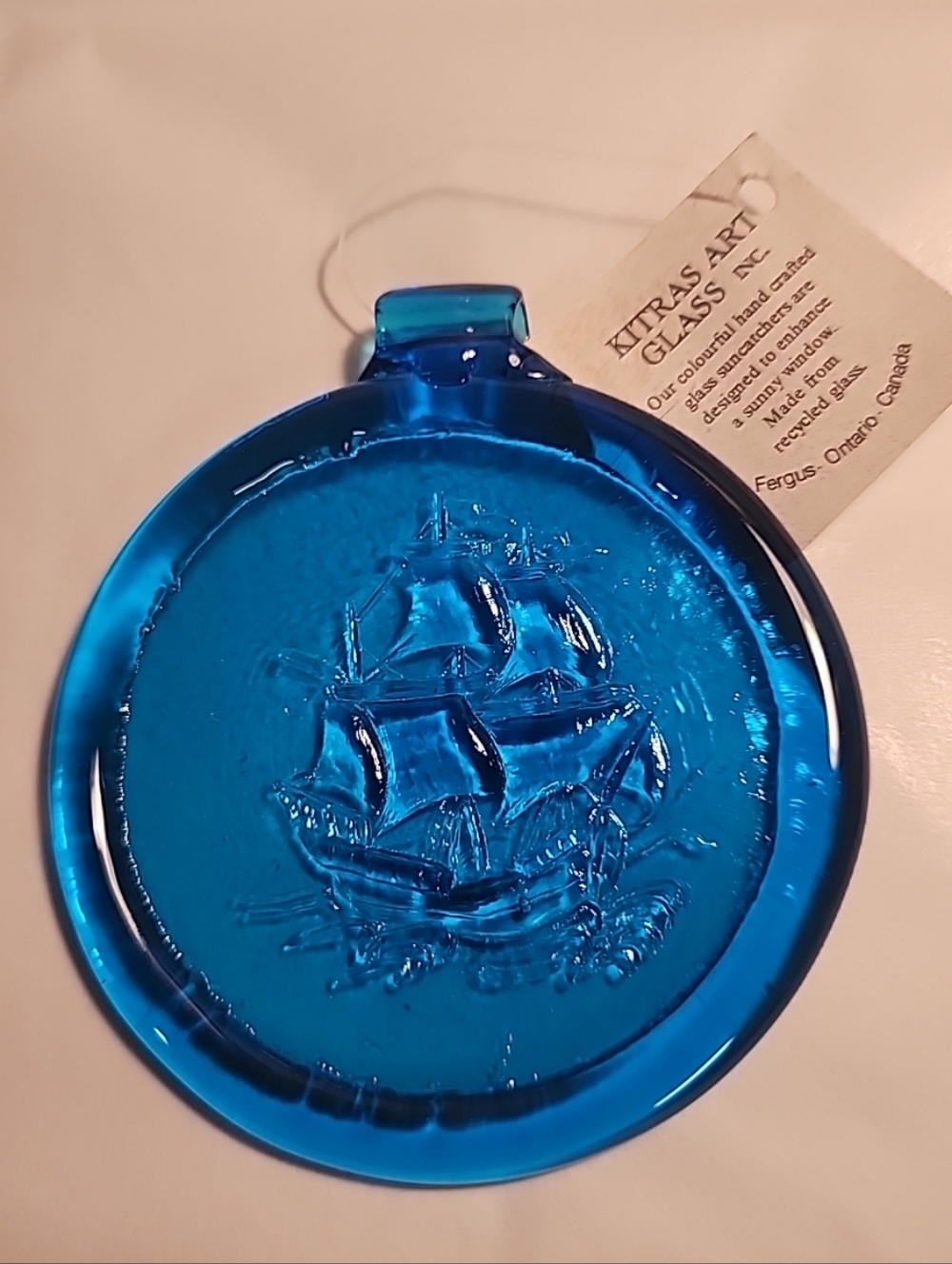 Kitras Art Glass Suncatcher Ornament Cobalt Blue Ship Schooner Sailing NWT